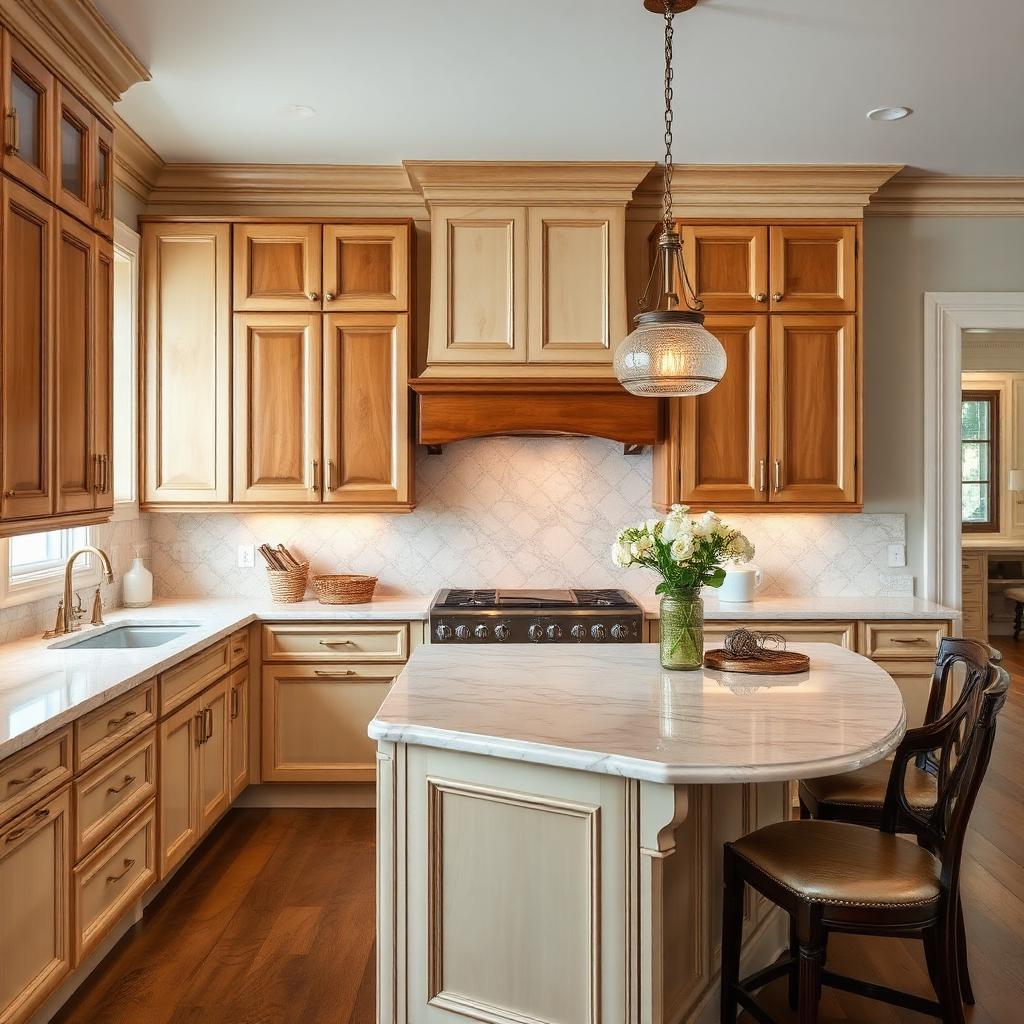 Antique glazed kitchen cabinets with warm brown highlights
