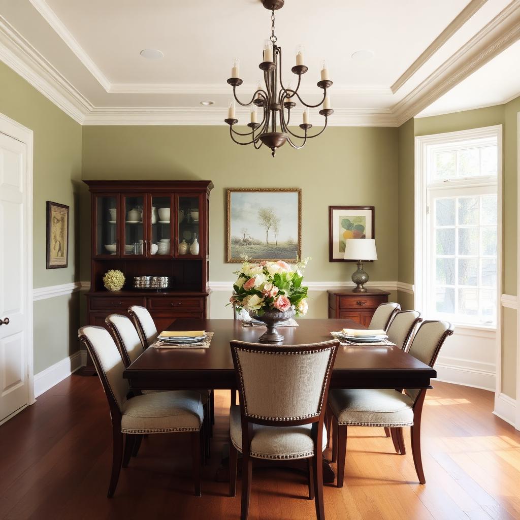 Soft sage color wash finish walls in a refined dining room
