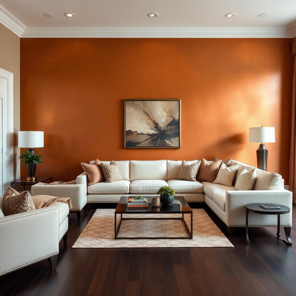 Warm copper and amber hand-applied faux finish in an elegant living room