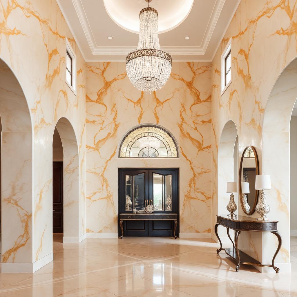 Grand foyer with faux marble finish walls and crystal chandelier