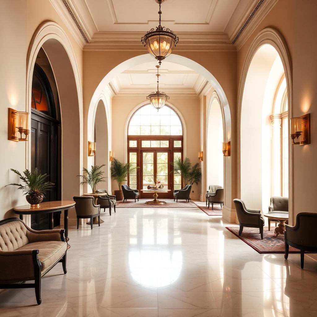 Upscale hotel lobby with polished Venetian plaster walls