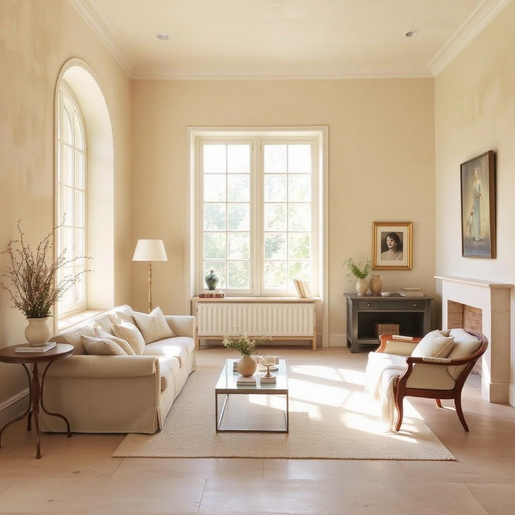 Soft cream limewash walls in a sunlit sitting room
