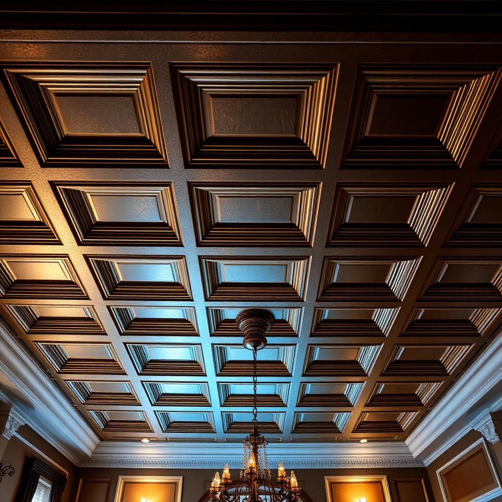 Gold leaf and bronze coffered ceiling in a formal dining room