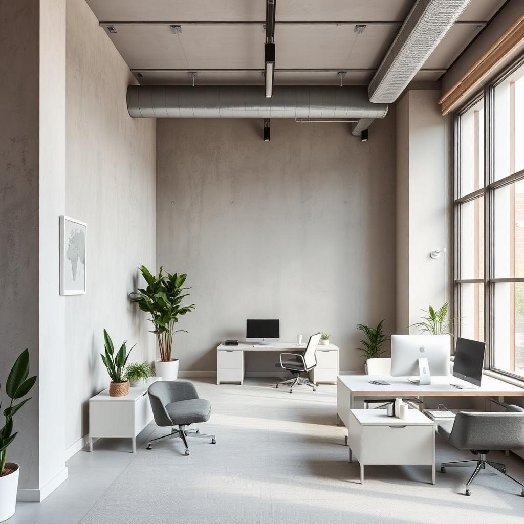 Modern office with soft limewash walls in warm gray