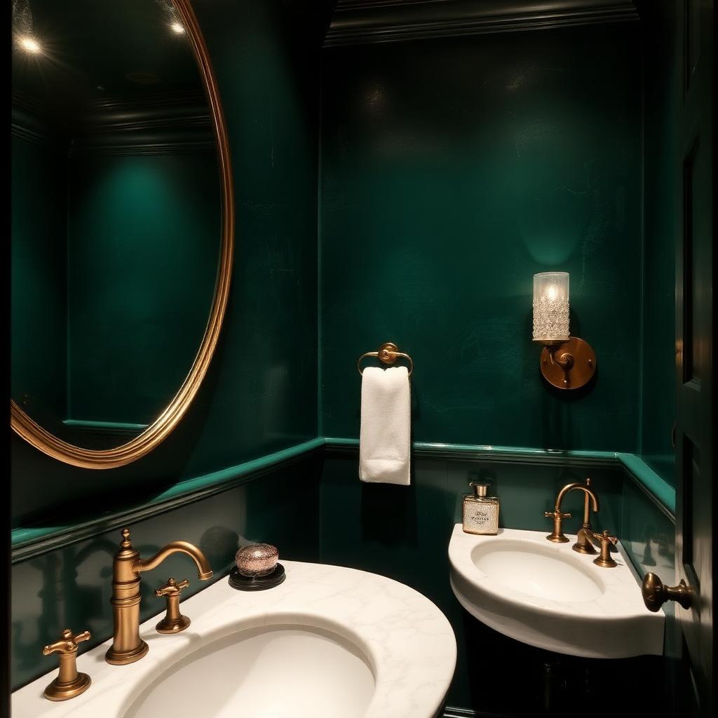 Deep emerald Venetian plaster walls in a luxury powder room