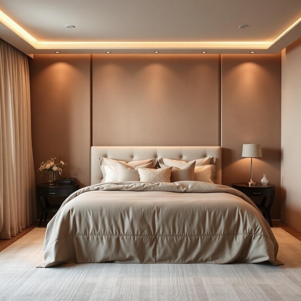 Suede-textured wall finish in a warm taupe bedroom